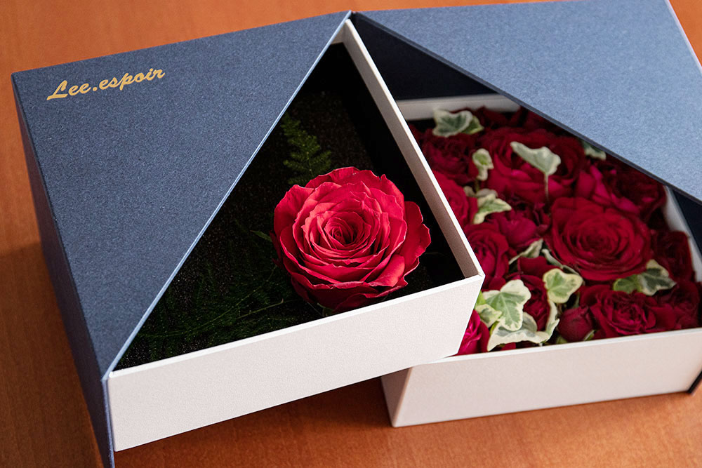 想いが込められたフラワーボックス、お花、BOX、貼り箱、貼箱、化粧箱、フラワーギフト、祝花、flowerbox、flowergift