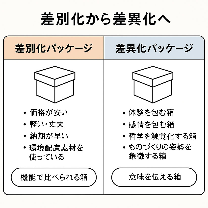 差別化、差異化、パッケージデザイン、化粧箱、貼箱