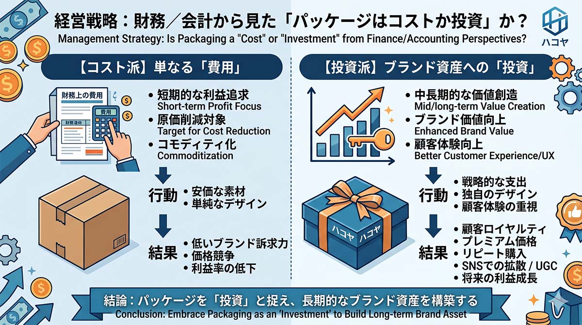 パッケージを単なる「コスト(費用)」と捉える短期的な視点と、ブランド資産への「投資」と捉える中長期的な経営戦略の視点を対比させ、それぞれの行動と結果が企業の将来にどのように影響するかをフローチャート形式でまとめています。右側の「投資」としてのパッケージが、ブランド価値の向上、プレミアム価格の維持、SNSを通じた顧客による拡散(UGC)など、将来の収益向上につながる「見えないリターン」を生み出すメカニズムを強調しています。この1枚で、財務視点と戦略視点の違いを俯瞰して示しています。