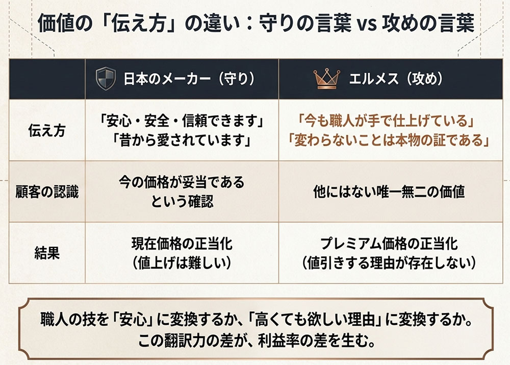 価値の伝え方の違い、守りの言葉vs攻めの言葉