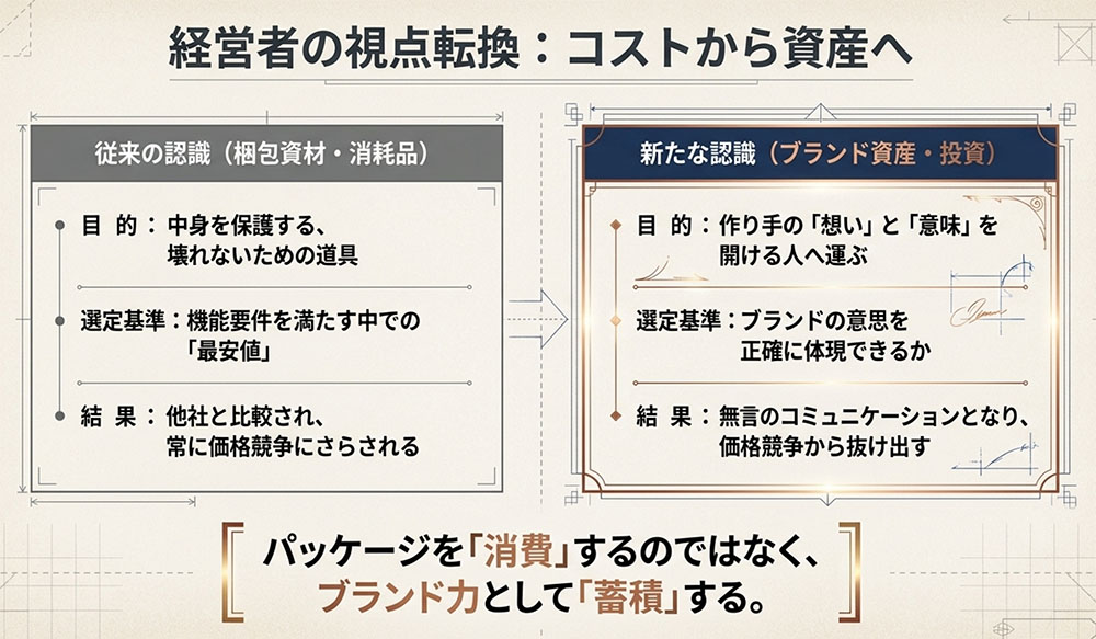 経営者の視点転換、コストから資産へ、パッケージを消費するのではなくブランド力として蓄積する